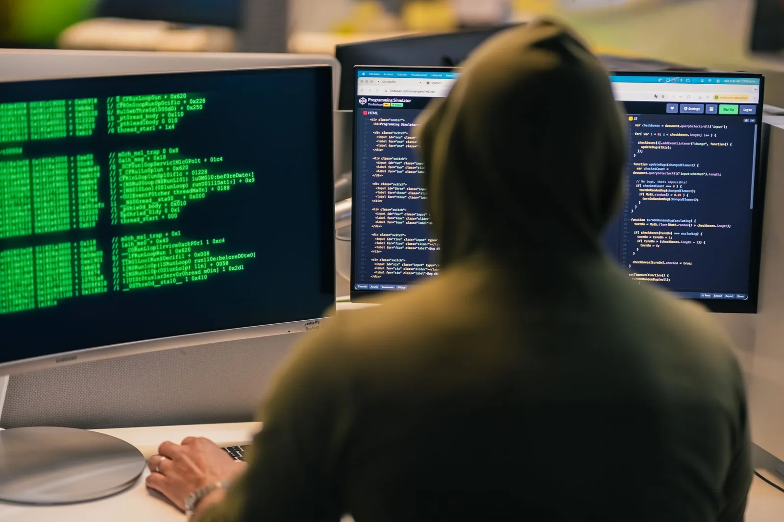 Developer workstation with dual monitors displaying code, illustrating a week as an AI integration consultant